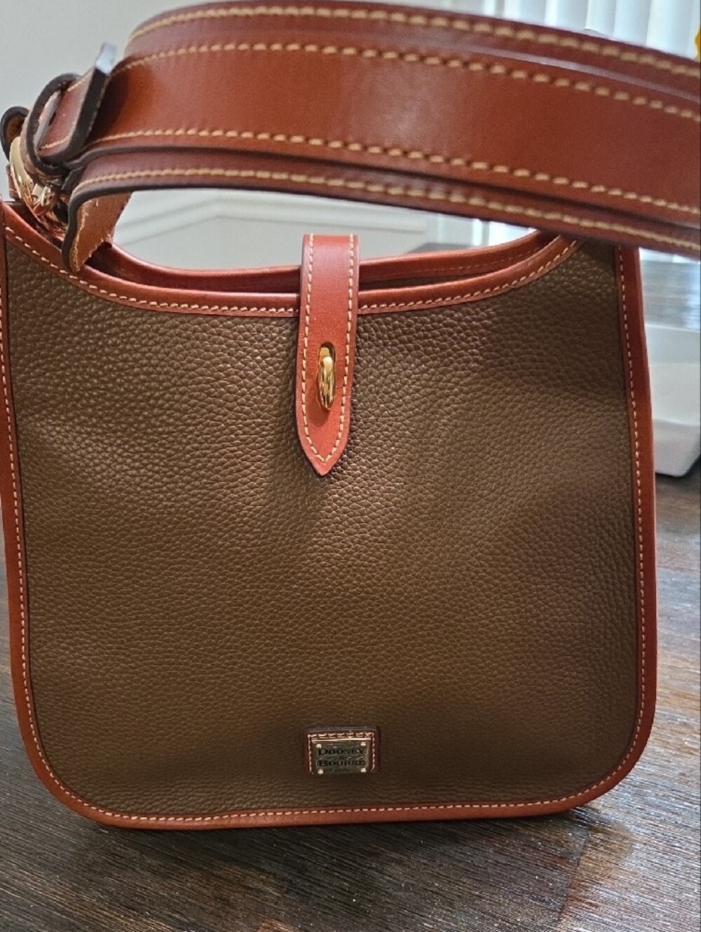 Dooney & Bourke Brown Pebbled Leather Shoulder Bag with Tan Trim - Picture 2 of 13